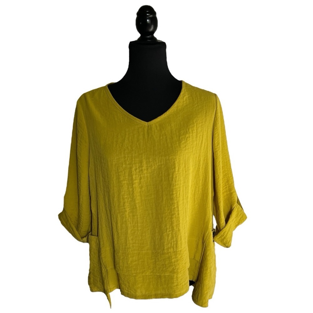 Ali Miles Boho Tunic | Size Pm | Artsy Chartreuse Lagenlook Blouse Top
